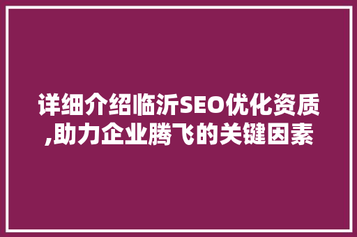 详细介绍临沂SEO优化资质,助力企业腾飞的关键因素