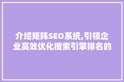 介绍矩阵SEO系统,引领企业高效优化搜索引擎排名的利器