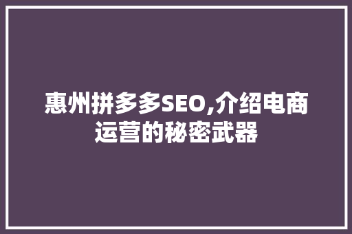 惠州拼多多SEO,介绍电商运营的秘密武器