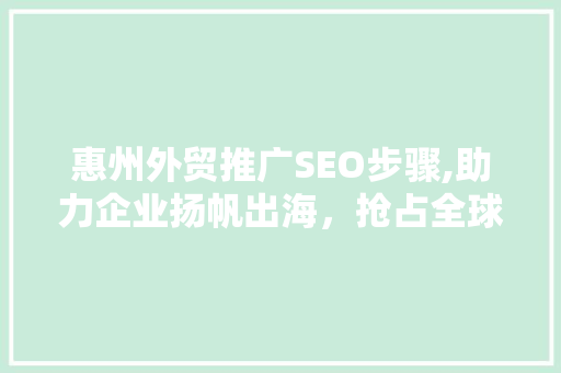 惠州外贸推广SEO步骤,助力企业扬帆出海，抢占全球市场先机
