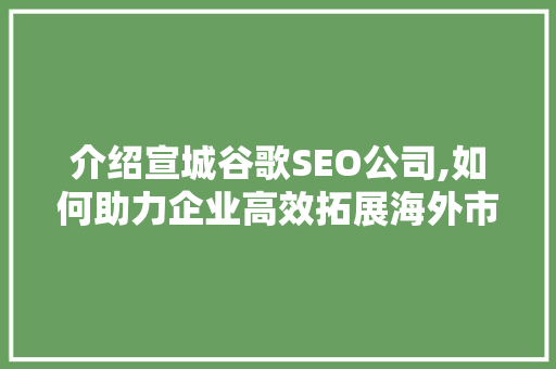 介绍宣城谷歌SEO公司,如何助力企业高效拓展海外市场