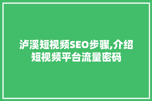 泸溪短视频SEO步骤,介绍短视频平台流量密码