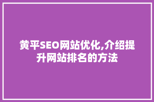 黄平SEO网站优化,介绍提升网站排名的方法