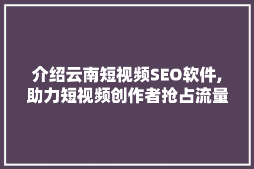介绍云南短视频SEO软件,助力短视频创作者抢占流量高地