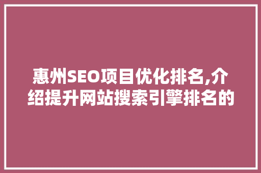 惠州SEO项目优化排名,介绍提升网站搜索引擎排名的方法