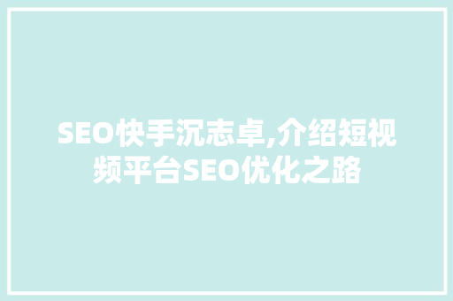 SEO快手沉志卓,介绍短视频平台SEO优化之路