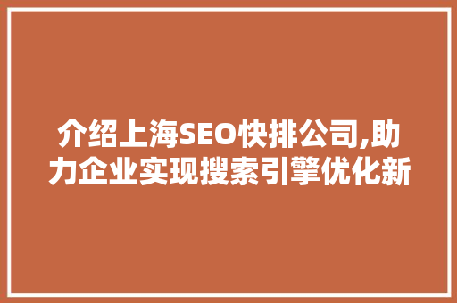介绍上海SEO快排公司,助力企业实现搜索引擎优化新高度