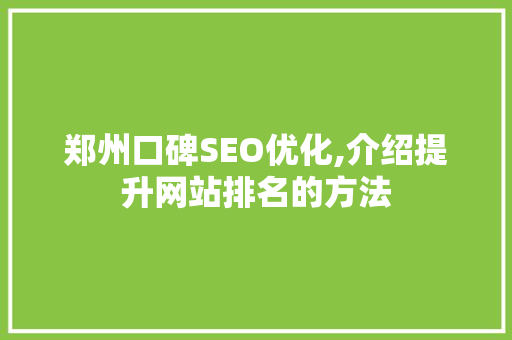 郑州口碑SEO优化,介绍提升网站排名的方法