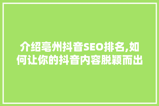 介绍亳州抖音SEO排名,如何让你的抖音内容脱颖而出