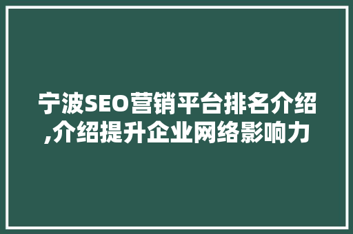 宁波SEO营销平台排名介绍,介绍提升企业网络影响力的方法