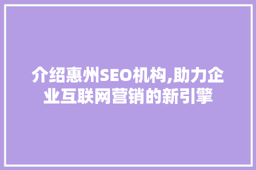介绍惠州SEO机构,助力企业互联网营销的新引擎