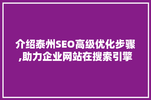 介绍泰州SEO高级优化步骤,助力企业网站在搜索引擎中脱颖而出