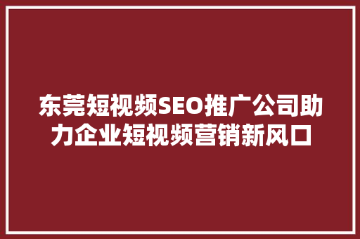 东莞短视频SEO推广公司助力企业短视频营销新风口