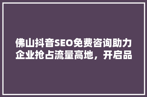 佛山抖音SEO免费咨询助力企业抢占流量高地，开启品牌新篇章