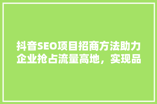 抖音SEO项目招商方法助力企业抢占流量高地，实现品牌价值最大化