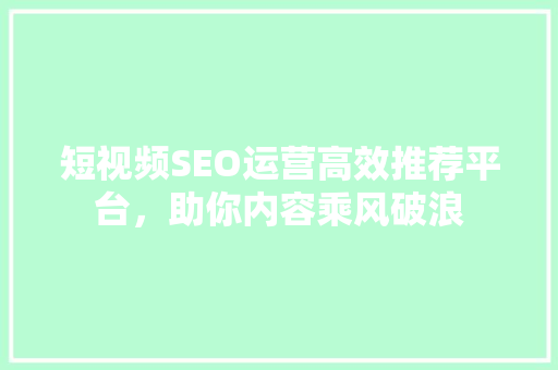 短视频SEO运营高效推荐平台，助你内容乘风破浪