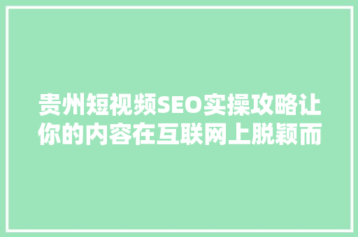 贵州短视频SEO实操攻略让你的内容在互联网上脱颖而出