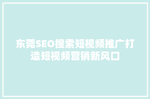 东莞SEO搜索短视频推广打造短视频营销新风口