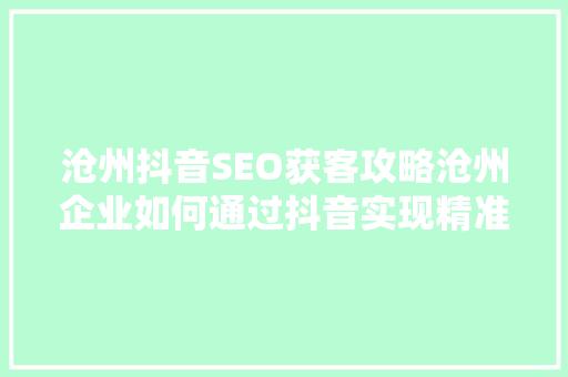 沧州抖音SEO获客攻略沧州企业如何通过抖音实现精准引流