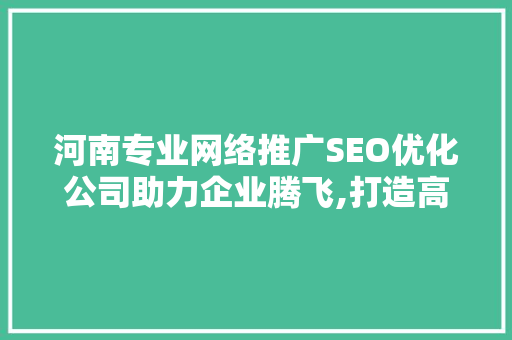 河南专业网络推广SEO优化公司助力企业腾飞,打造高效网络营销新格局