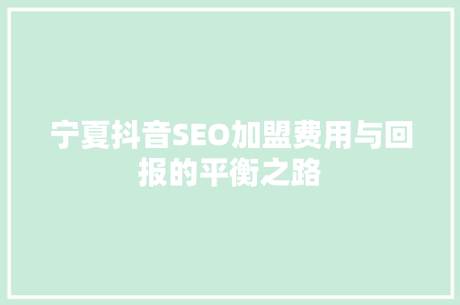 宁夏抖音SEO加盟费用与回报的平衡之路