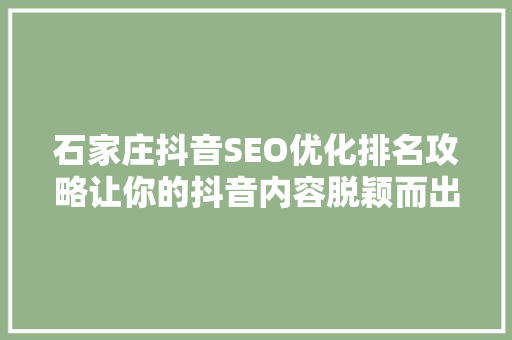 石家庄抖音SEO优化排名攻略让你的抖音内容脱颖而出