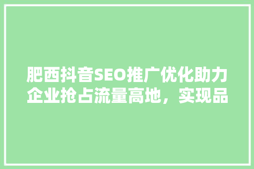 肥西抖音SEO推广优化助力企业抢占流量高地，实现品牌腾飞