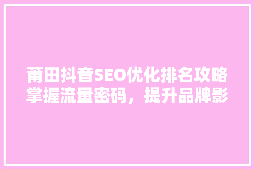 莆田抖音SEO优化排名攻略掌握流量密码，提升品牌影响力