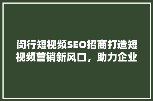 闵行短视频SEO招商打造短视频营销新风口，助力企业品牌腾飞
