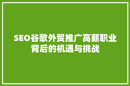 SEO谷歌外贸推广高薪职业背后的机遇与挑战