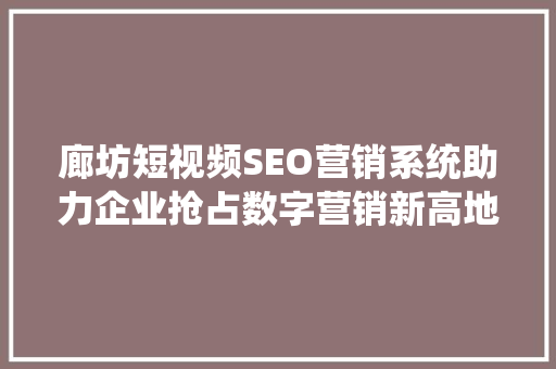 廊坊短视频SEO营销系统助力企业抢占数字营销新高地