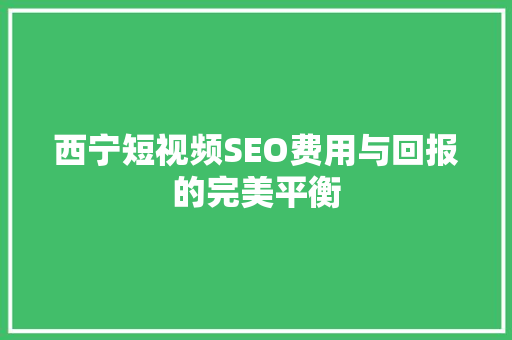 西宁短视频SEO费用与回报的完美平衡