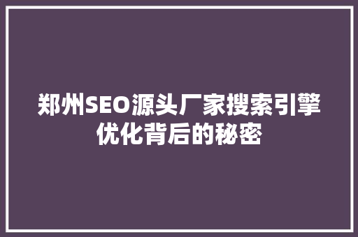 郑州SEO源头厂家搜索引擎优化背后的秘密