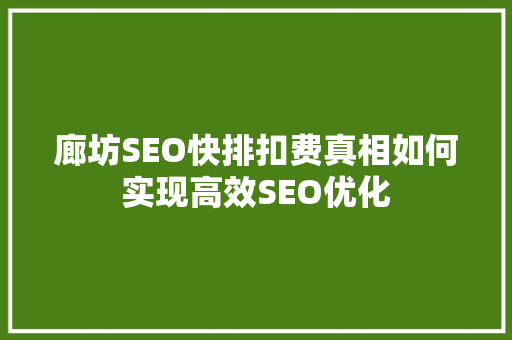 廊坊SEO快排扣费真相如何实现高效SEO优化