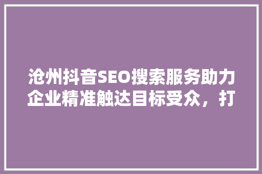 沧州抖音SEO搜索服务助力企业精准触达目标受众，打造爆款内容