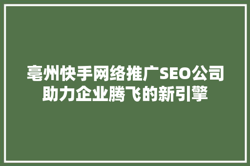 亳州快手网络推广SEO公司助力企业腾飞的新引擎