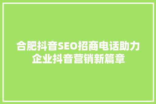 合肥抖音SEO招商电话助力企业抖音营销新篇章