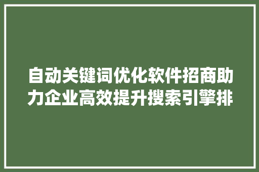 自动关键词优化软件招商助力企业高效提升搜索引擎排名_自动关键词优化软件招商