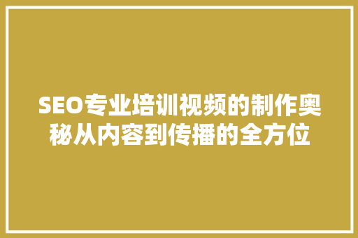 SEO专业培训视频的制作奥秘从内容到传播的全方位