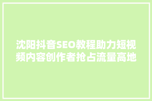 沈阳抖音SEO教程助力短视频内容创作者抢占流量高地