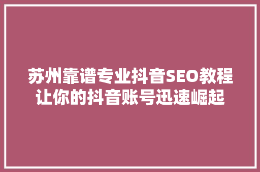 苏州靠谱专业抖音SEO教程让你的抖音账号迅速崛起