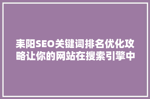 耒阳SEO关键词排名优化攻略让你的网站在搜索引擎中脱颖而出