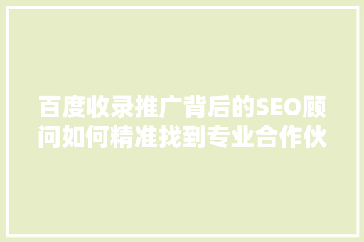 百度收录推广背后的SEO顾问如何精准找到专业合作伙伴