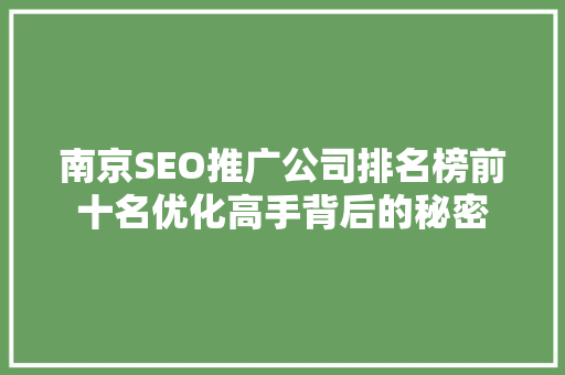 南京SEO推广公司排名榜前十名优化高手背后的秘密