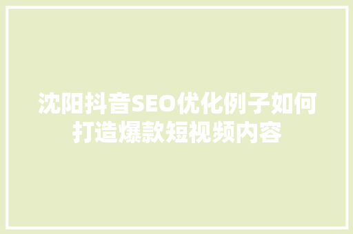 沈阳抖音SEO优化例子如何打造爆款短视频内容
