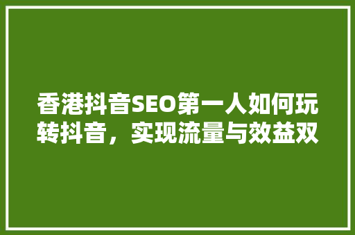 香港抖音SEO第一人如何玩转抖音，实现流量与效益双丰收