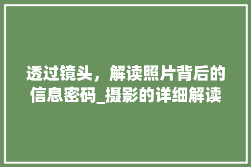 透过镜头，解读照片背后的信息密码_摄影的详细解读之路