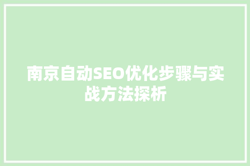 南京自动SEO优化步骤与实战方法探析
