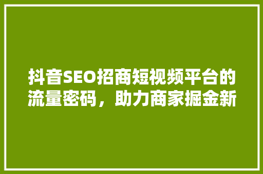 抖音SEO招商短视频平台的流量密码，助力商家掘金新蓝海