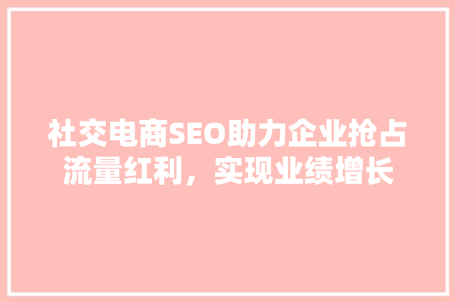社交电商SEO助力企业抢占流量红利，实现业绩增长